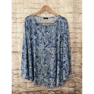Cocomo Top Womens 3X ? Blue Floral Boho Long Flared Slit Sleeve Stretch Plus
